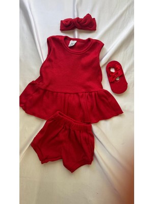 Kırmızı Ribana Bebek Şort Bluz Bandana Çorap Set -Bebek Hediyelik