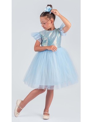 Mnk Baby & Kids Tüllü Kız Çocuk Elbise MNK0526 Düğün İçin Şık Trend Tasarım Payet Detaylı Mavi