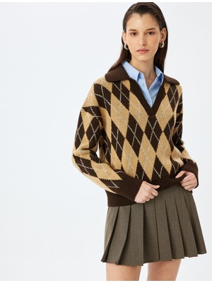 Yumuşak Dokulu Baklava Desenli Triko Polo Yaka Kazak