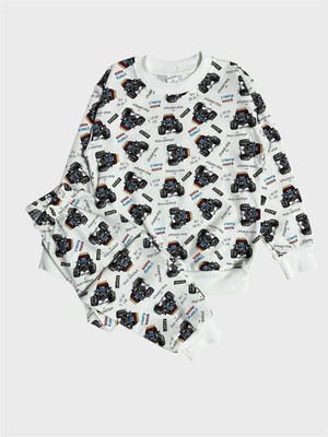 Erkek Çocuk Pamuklu Beyaz Renk Arazi Aracı Jeep Desenli Uzun Kollu Mevsimlik Pijama Takımı