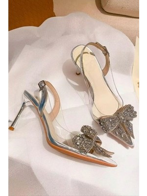 Lady Princess Gümüş Şeffaf Nude Fiyonk Toka Taşlı 8 cm Ince Topuklu Düğün Nişan Abiye Ayakkabı