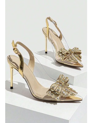 Lady Princess Altın Şeffaf Nude Fiyonk Toka Taşlı 8 cm Ince Topuklu Düğün Nişan Abiye Ayakkabı