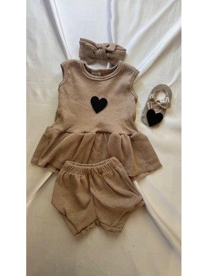 Bej Ribana Kız Bebek-Çocuk Şort Bluz Bandana Babet Çorap Set Hediyelik