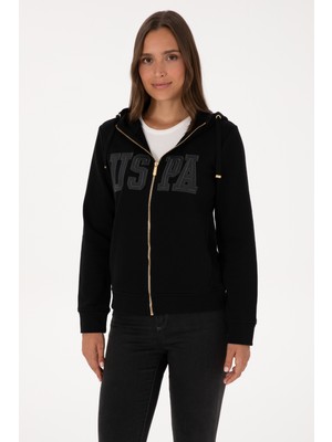 U.S. Polo Assn. Kadın Siyah Basic Fermuarlı Kapüşonlu Sweatshirt Regular Fit Tek Cepli