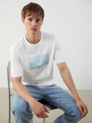 Xsıde Ekru Bisiklet Yaka Baskılı Penye Erkek Tişört