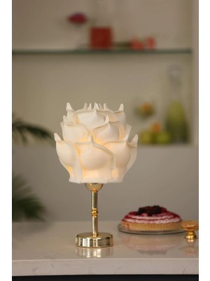 Krem Eva Gül Tasarım Kablosuz Şarjlı Masa Lambası - Alt Uzun Parlak Gold