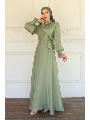 Yandan Bağlamalı Manşet Detaylı Yoryo Ipek Tesettür Abiye Çağla 1241