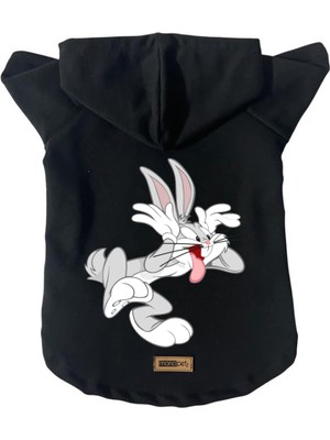 Kapişonlu Polar Sweatshirt Köpek ve Kedi Kıyafeti & Elbisesi - Siyah Bugs Bunny