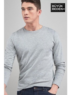 Erkek Büyük Beden Uzun Kollu 2 Iplik Bisiklet Yaka Tişört