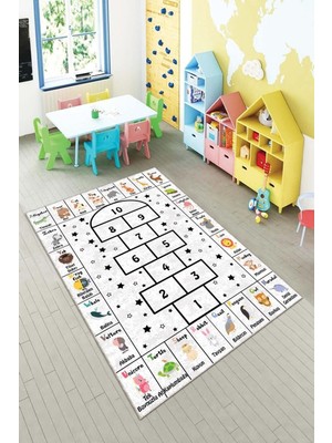 Beyaz Seksek Desenli Çocuk Oda Halısı, Yıkanabilir ve Kaydırmaz