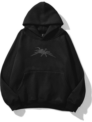 Unisex Vintage Spider Taş Baskılı Sweatshirt Siyah
