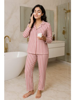 Kadın 6454 Düğmeli Süet Uzun Kol Pijama Takımı Gül Kurusu