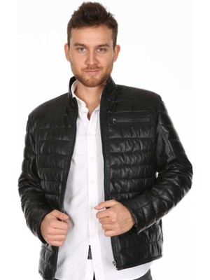 Hakiki Deri Siyah Şişme Üç Cepli Erkek Deri Ceket