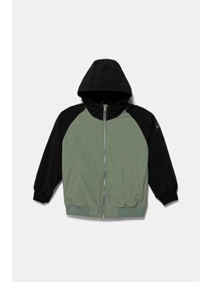 Erkek Çocuk Haki Kolu Logo Detaylı Astarlı Kapüşonlu Yağmurluk