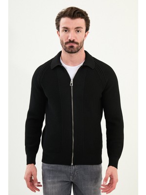 Desenli Slim Fit  Fermuarlı Gömlek Yaka Pamuk Erkek Triko Ceket
