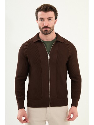 Desenli Slim Fit  Fermuarlı Gömlek Yaka Pamuk Erkek Triko Ceket