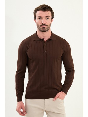 Çizgili Slim Fit Polo Yaka Erkek Triko Kazak