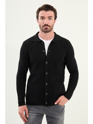Desenli Slim Fit Torba Cep Gömlek Yaka Erkek Triko Ceket