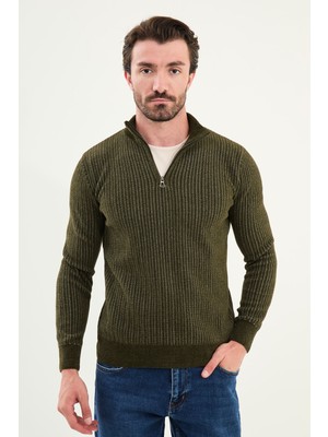 Çizgili Slim Fit Fermuarlı Yarım Balıkçı Yaka Şönil Kumaş Erkek Triko Kazak
