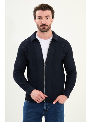 Desenli Slim Fit  Fermuarlı Gömlek Yaka Pamuk Erkek Triko Ceket
