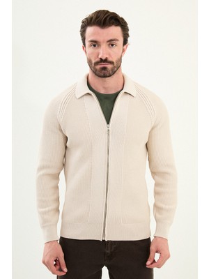 Desenli Slim Fit  Fermuarlı Gömlek Yaka Pamuk Erkek Triko Ceket