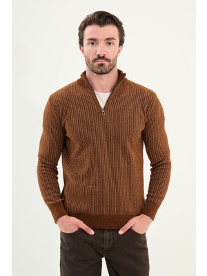 Çizgili Slim Fit Fermuarlı Yarım Balıkçı Yaka Şönil Kumaş Erkek Triko Kazak