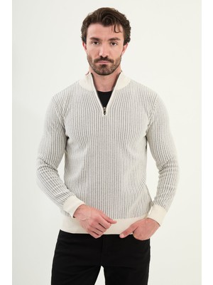 Çizgili Slim Fit Fermuarlı Yarım Balıkçı Yaka Şönil Kumaş Erkek Triko Kazak
