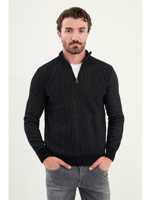 Çizgili Slim Fit Fermuarlı Yarım Balıkçı Yaka Şönil Kumaş Erkek Triko Kazak