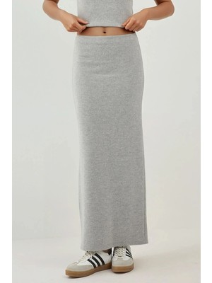 Hiccup Kadın Elastik Bel Yumuşak Dokulu Yırtmaçlı Etek Açık Gri