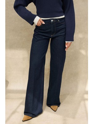 Hiccup Kadınlar Geniş Paça Raw Kot Pantolon Koyu Mavi Denim