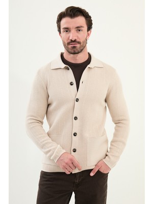 Desenli Slim Fit Torba Cep Gömlek Yaka Erkek Triko Ceket