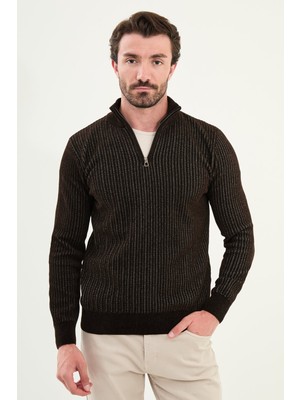 Çizgili Slim Fit Fermuarlı Yarım Balıkçı Yaka Şönil Kumaş Erkek Triko Kazak