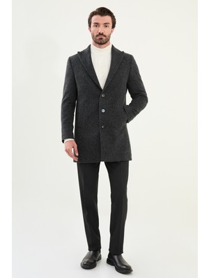 MCR Desenli Slim Fit Geniş Yaka Kaşe Erkek Kaban Orta Kalınlıkta Polyester Astar ile Siyah Renk
