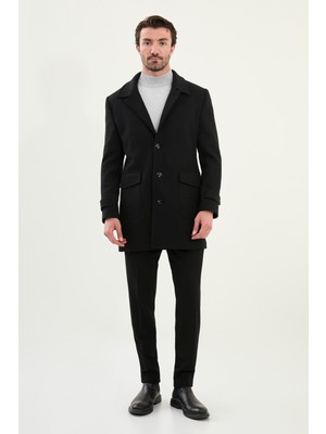 Düz Slim Fit Torba Cep Geniş Yaka Yün Erkek Kaban