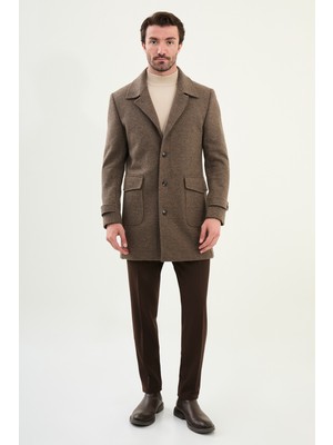 Düz Slim Fit Torba Cep Geniş Yaka Yün Erkek Kaban