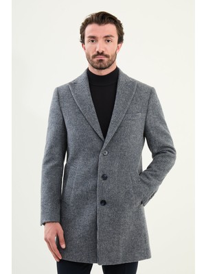 Desenli Slim Fit Geniş Yaka Kaşe Erkek Kaban