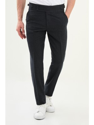 Kareli Slim Fit Beli Tokalı Yün Erkek Pantolon