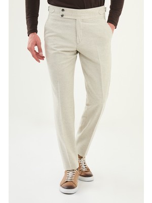 Kareli Slim Fit Beli Tokalı Yün Erkek Pantolon
