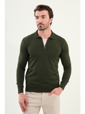 Düz Slim Fit Fermuarlı Polo Yaka Erkek Triko Kazak