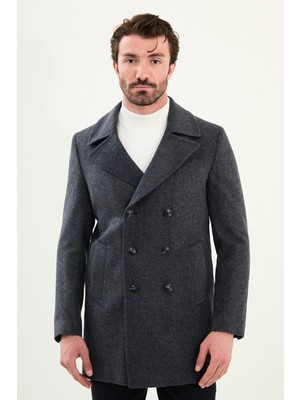 Çizgili Slim Fit Geniş Yaka Kruvaze Kaşe Erkek Kaban