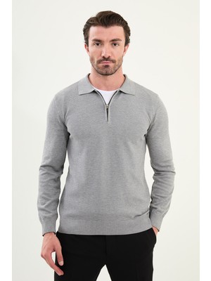 Desenli Slim Fit Fermuarlı Polo Yaka Erkek Triko Kazak