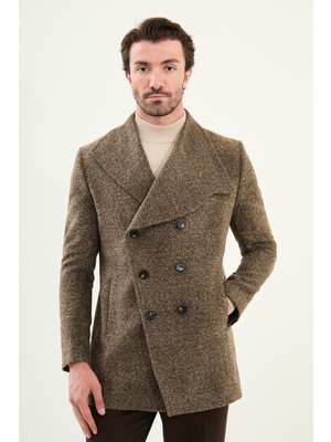 Kırçıllı Slim Fit Geniş Şal Yaka Çapraz Düğmeli Yün Erkek Kaban