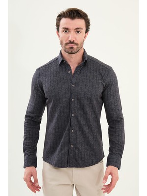 Çizgili Slim Fit Uzun Kollu Oduncu Yün Erkek Gömlek