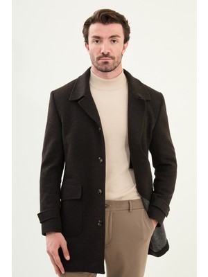 Düz Slim Fit Torba Cep Geniş Yaka Yün Erkek Kaban