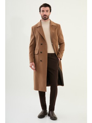 Düz Slim Fit Torba Cep Geniş Yaka Kruvaze Uzun Kaşe Erkek Kaban