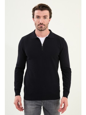 Desenli Slim Fit Fermuarlı Polo Yaka Erkek Triko Kazak