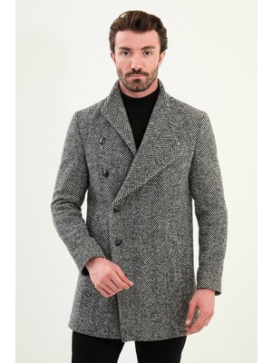 MCR Balıksırtı Slim Fit Şal Yaka Kaşe Erkek Kaban Orta Kalınlıkta Siyah - Beyaz Renkli Uzun Kol