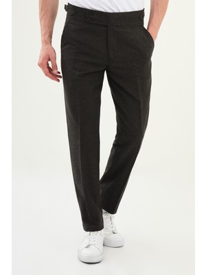 Kareli Slim Fit Beli Tokalı Yün Erkek Pantolon