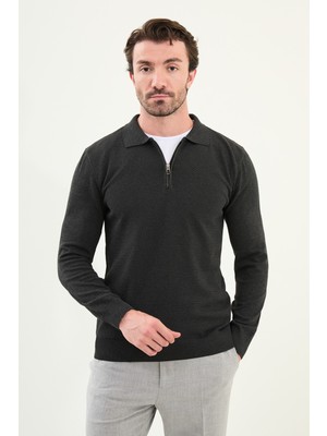 Desenli Slim Fit Fermuarlı Polo Yaka Erkek Triko Kazak