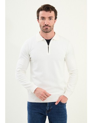 Desenli Slim Fit Fermuarlı Polo Yaka Erkek Triko Kazak